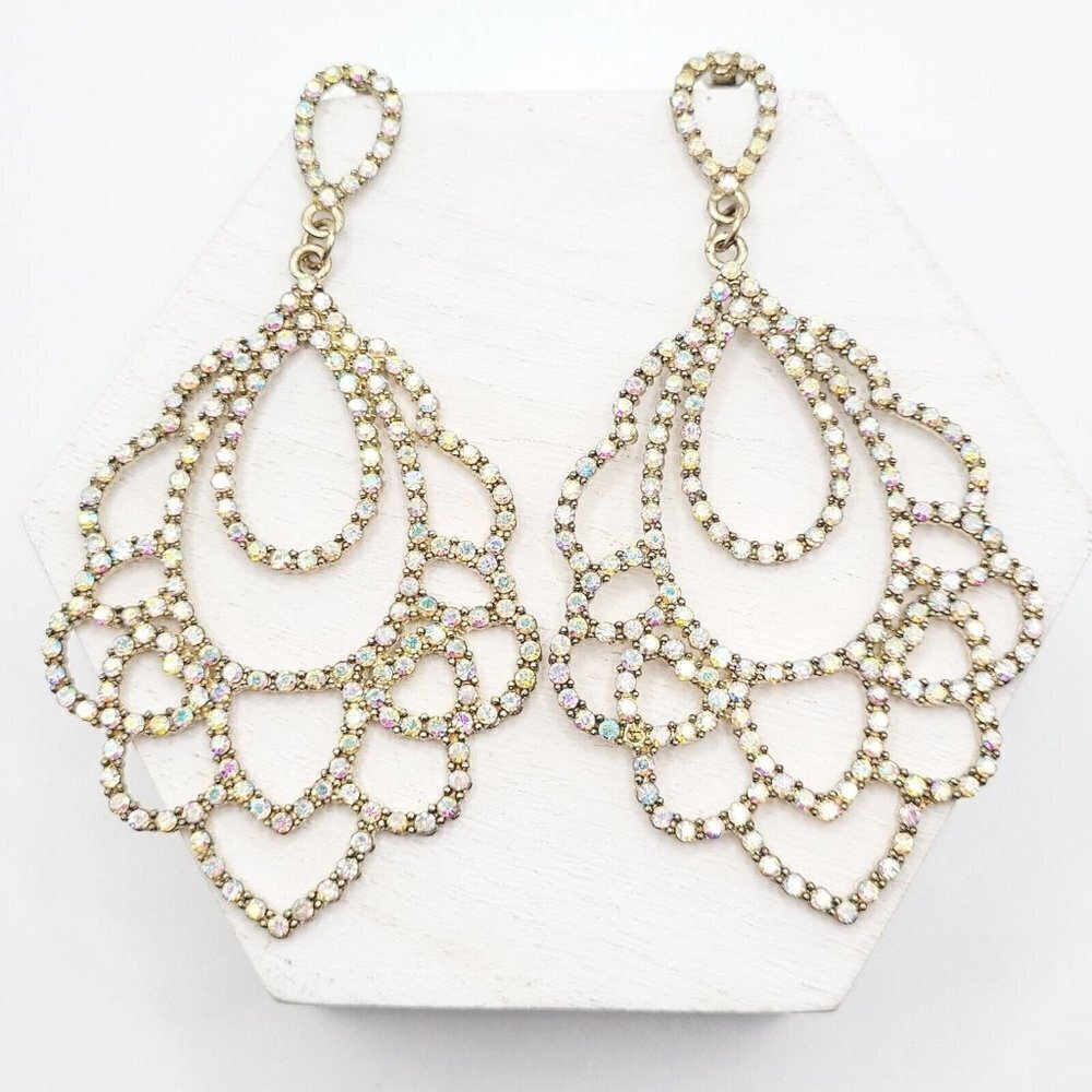 Large AB Rhinestone Drop Dangle Earrings 3.5" Modern Pierced Sparkle Bling EUC